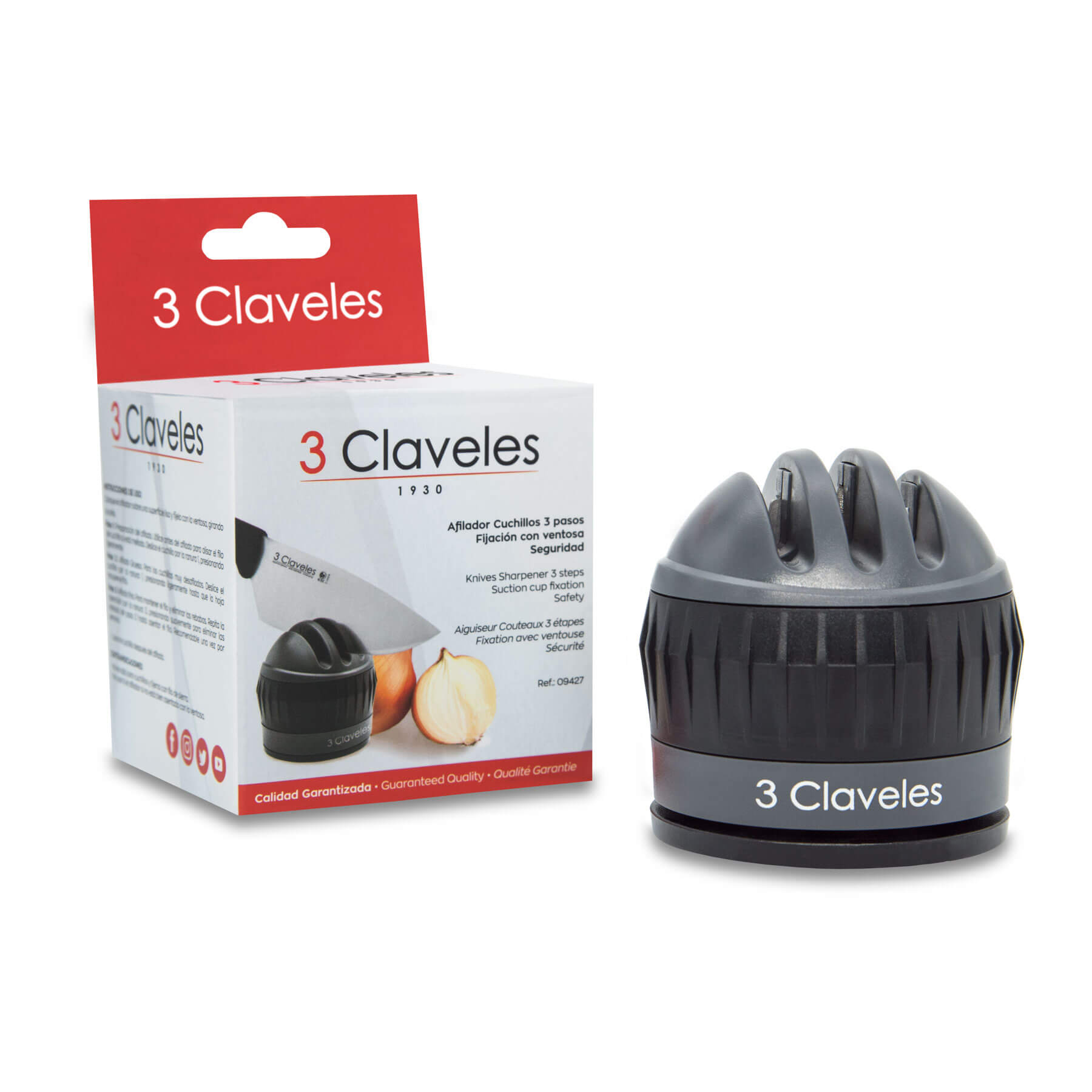 Afiador de facas com lâminas de diamante, carboneto de tungsténio e cerâmica, com ventosa de fixação  3Claveles