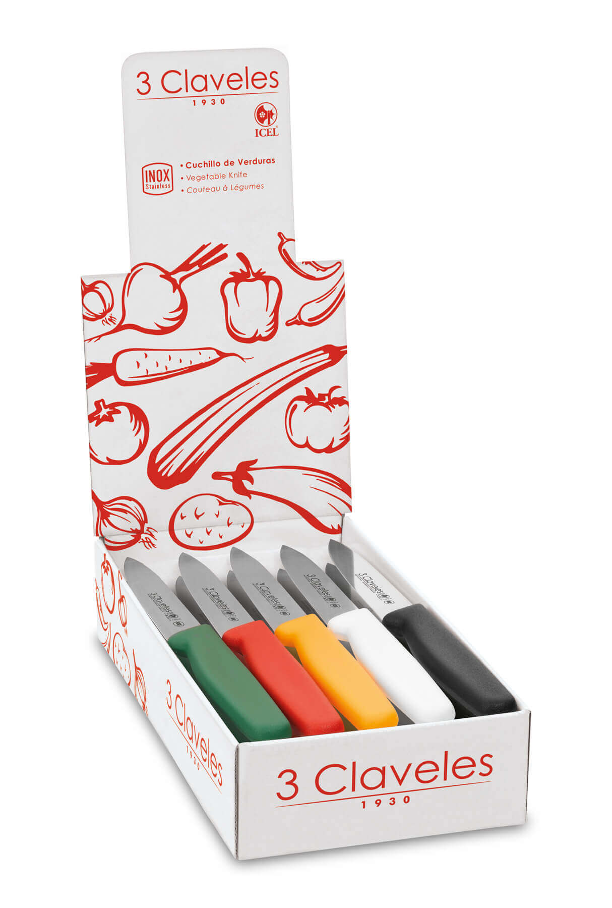 Vegetable knife with 10cm pointed blade, 3Claveles box of 20 unit...