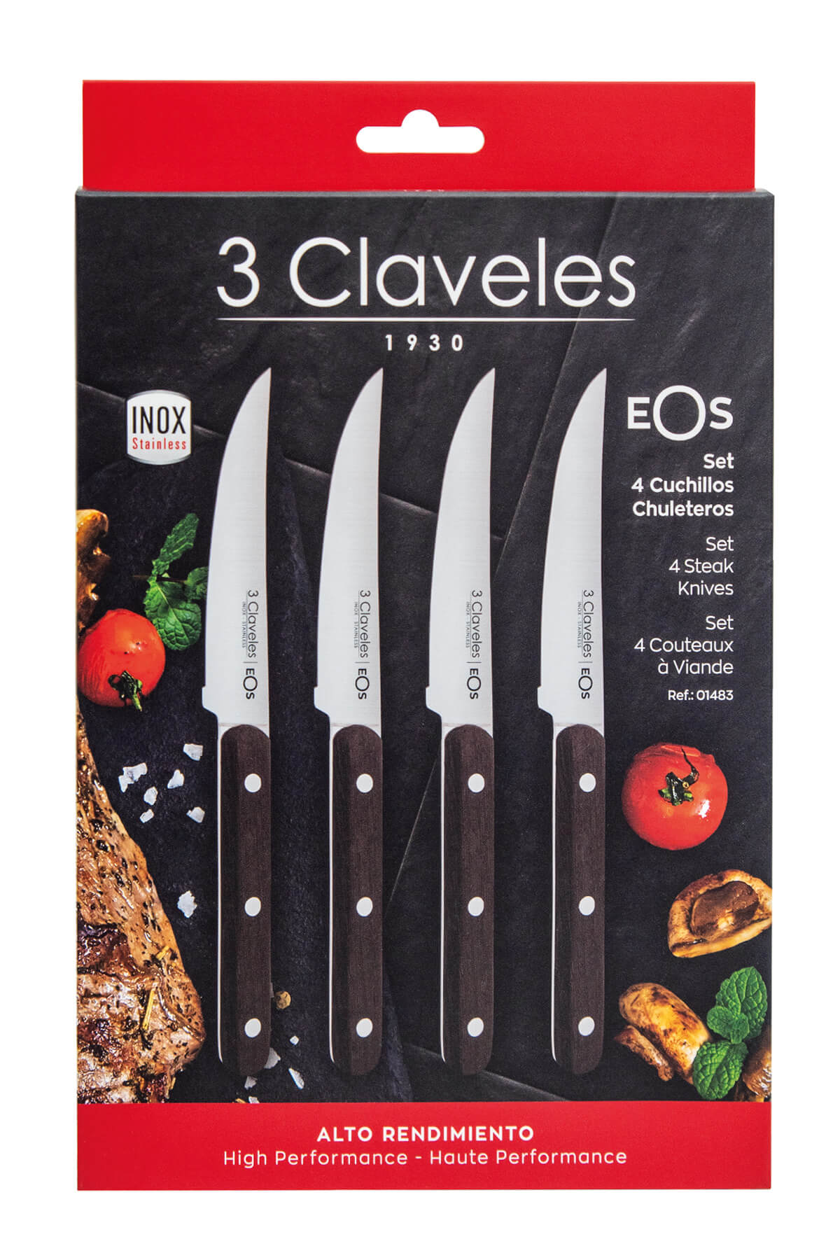 Set de 4 cuchillos chuleteros EOS 3 Claveles con mango de madera wengué