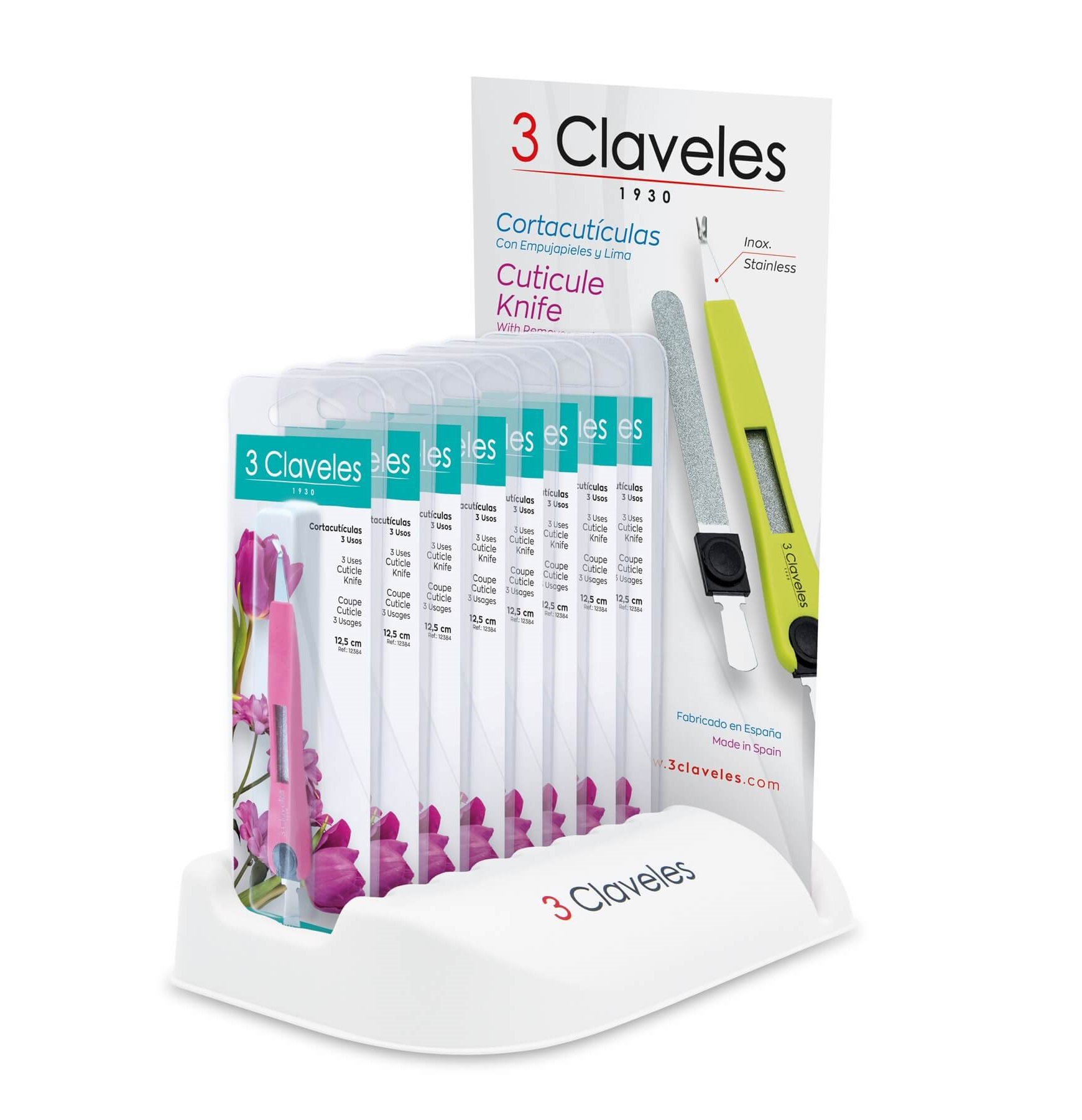 Cuticle Clipper with Colored File, Display of 24 Units, 3 Clavele...