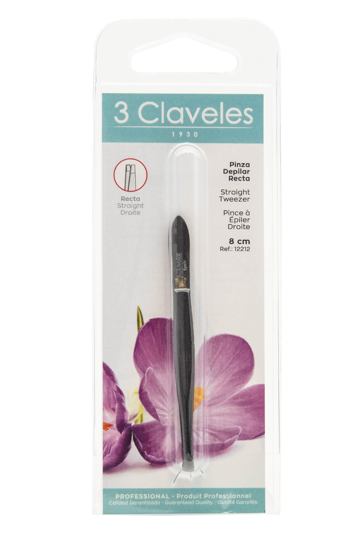 Schwarze Pinzette mit gerader Spitze, 8 cm, Marke Claveles, Blisterverpackung