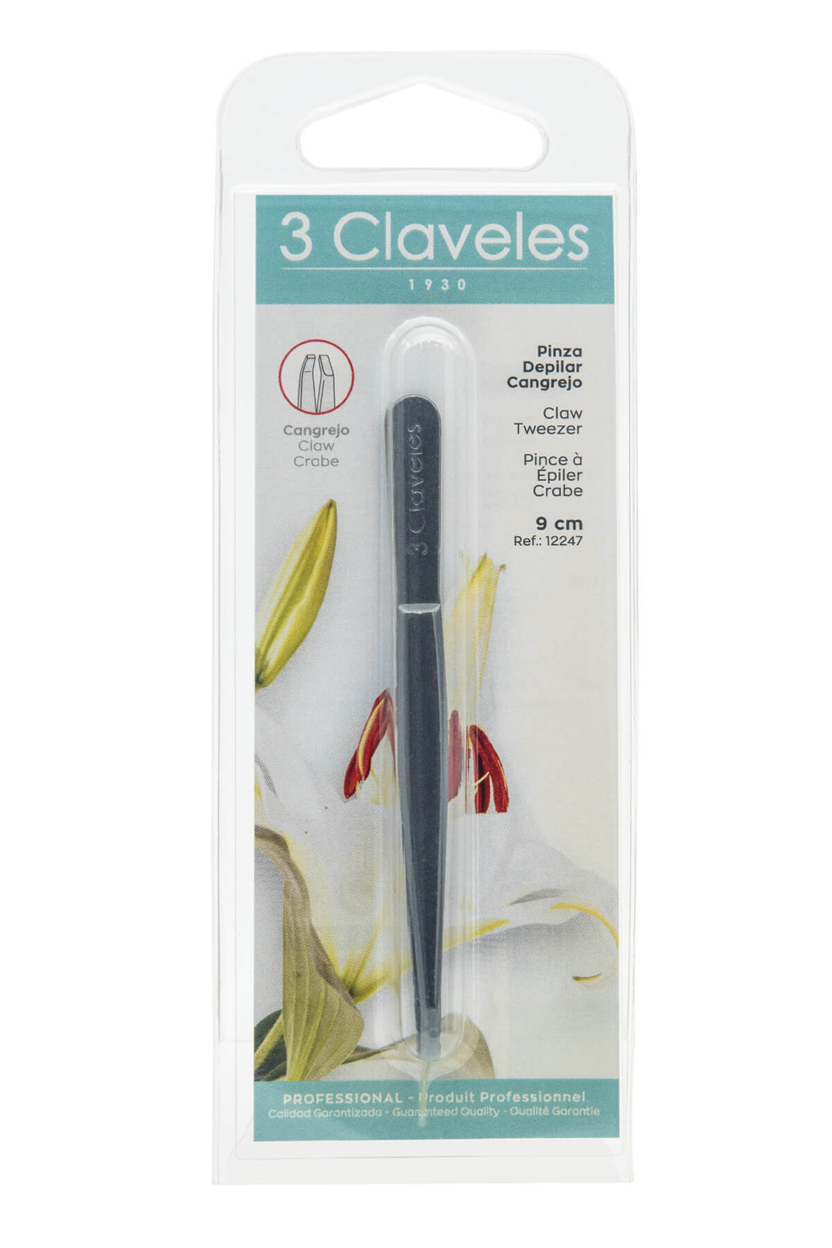 Black crab-tip tweezers, 9 cm, 3 Claveles