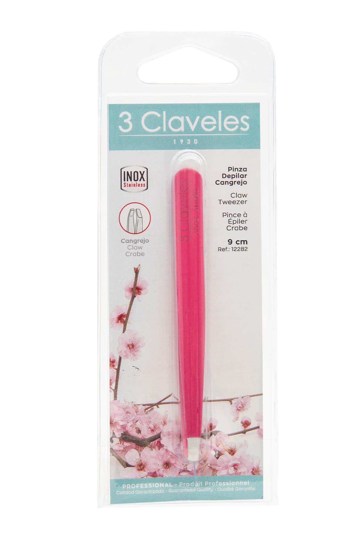 Pink tweezers with crab-tip design, 10 cm, 3 Claveles