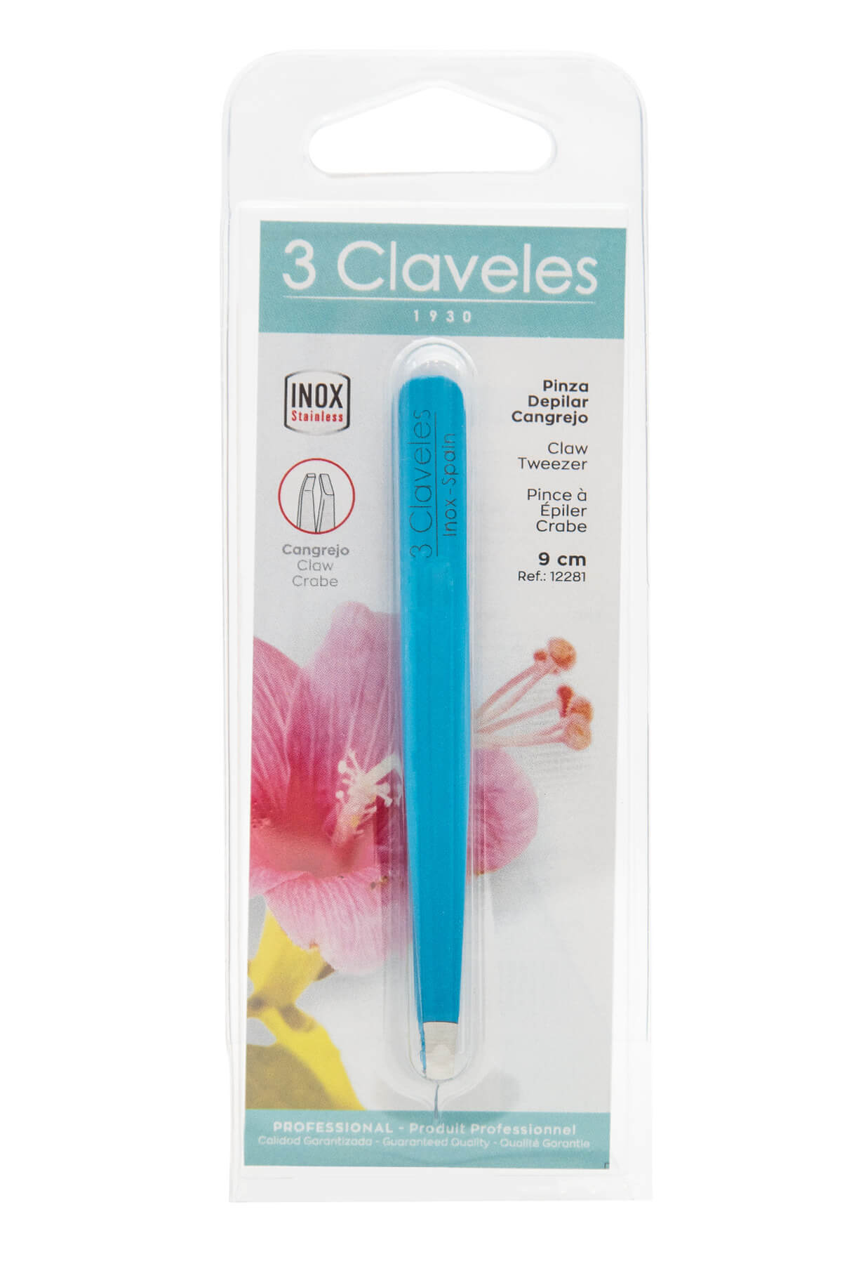 Blue tweezers with crab-tip design, 10 cm, 3 Claveles