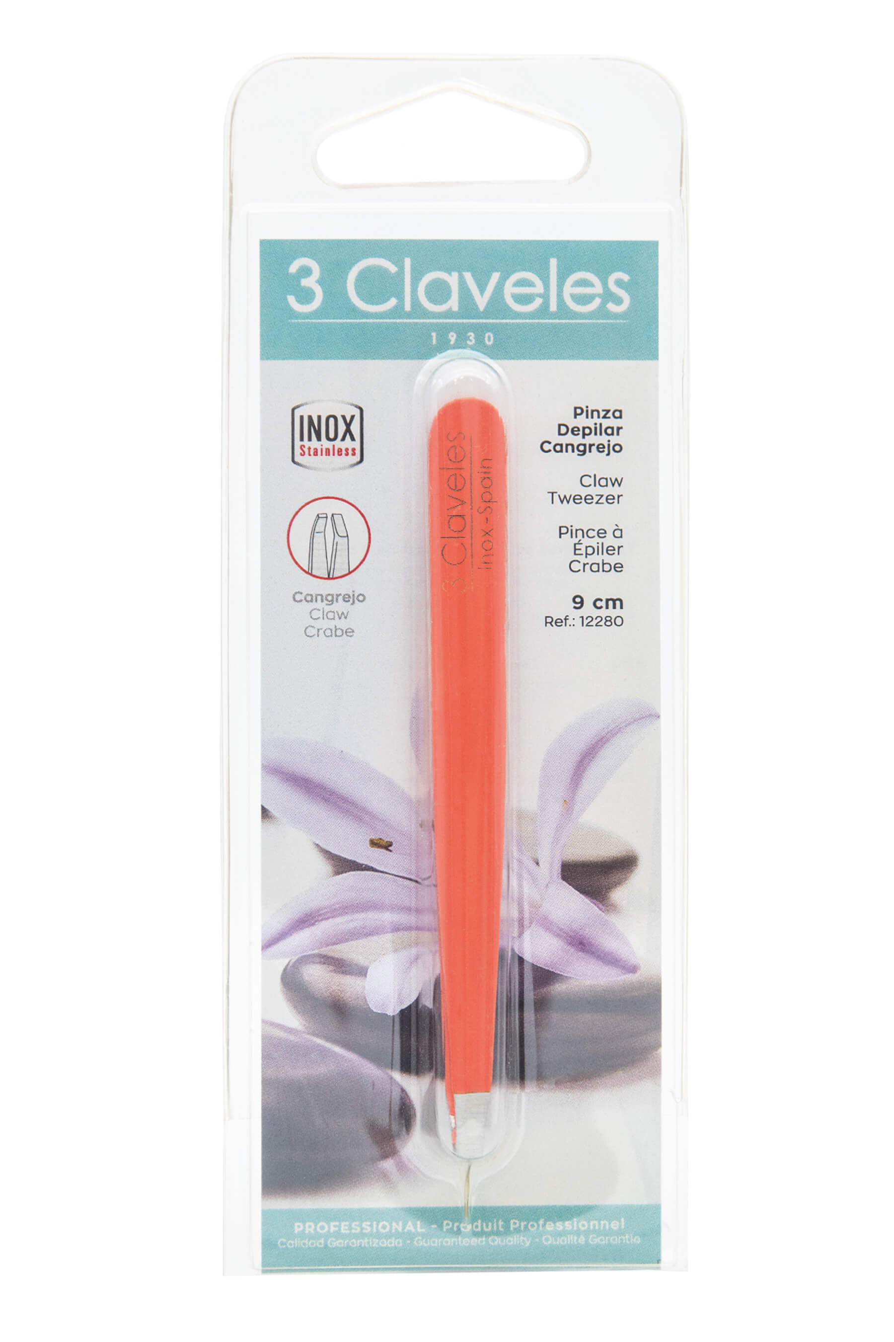 Orange tweezers with crab tip, 10 cm, 3 Claveles