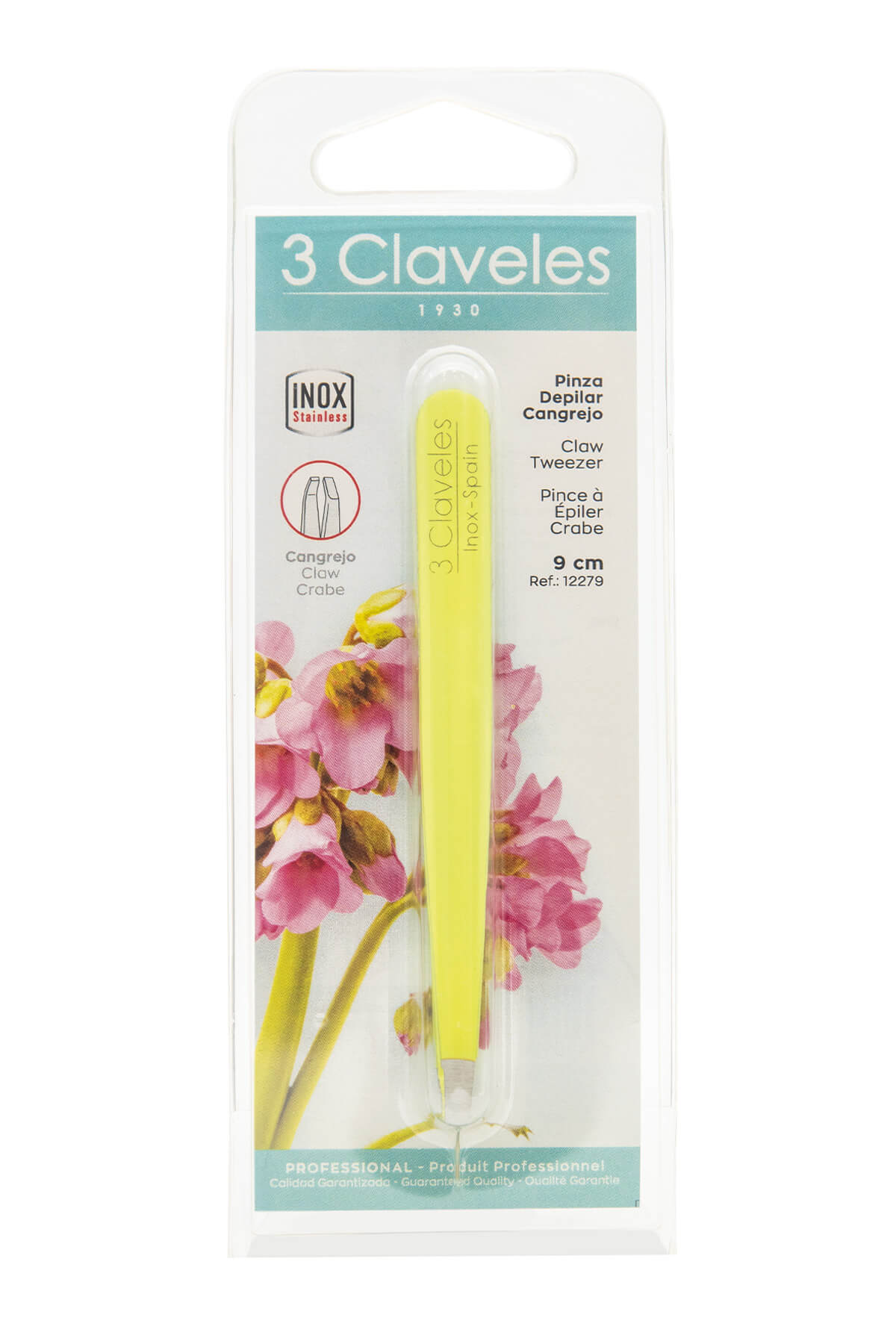 Green tweezers with crab-tip design, 10 cm, 3 Claveles
