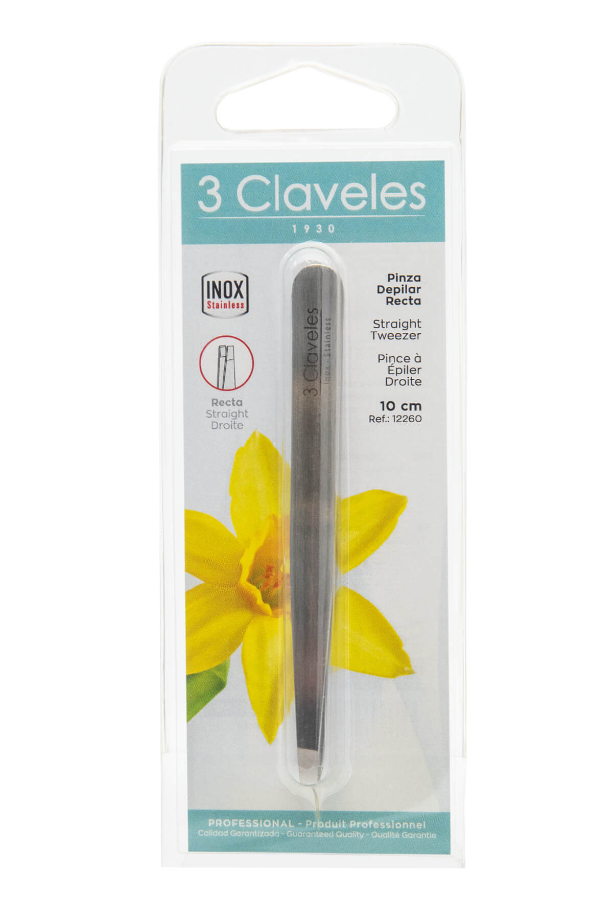 Stainless steel tweezers with straight tips, 10 cm, 3 Claveles