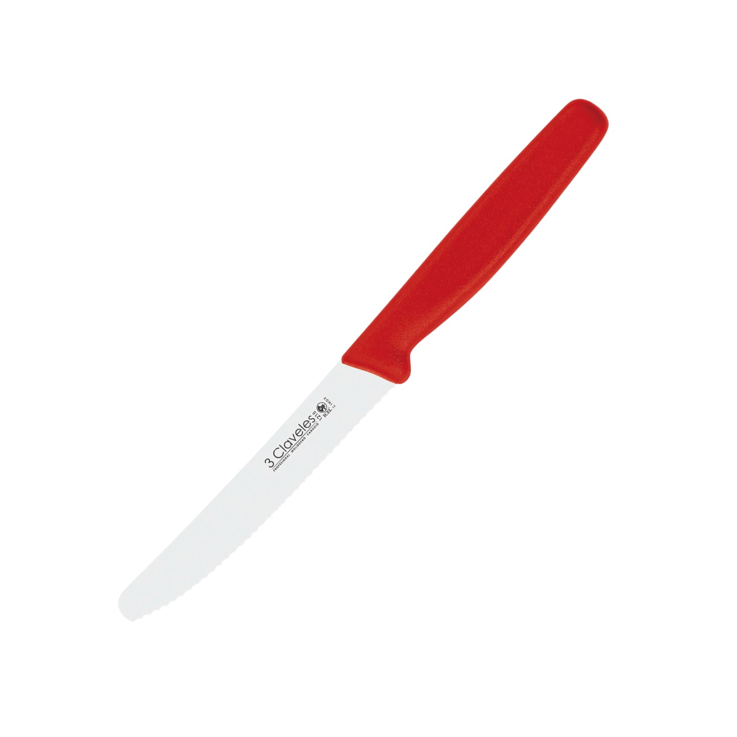 Table knife with 11cm rounded and serrated blade and red plastic ...