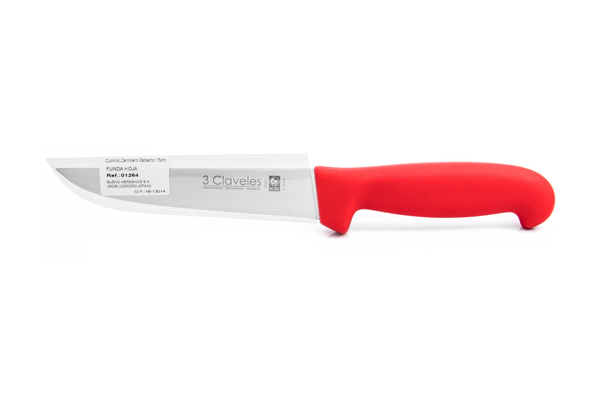 Wide boning knife with 15cm blade and red polypropylene handle 3 Claveles