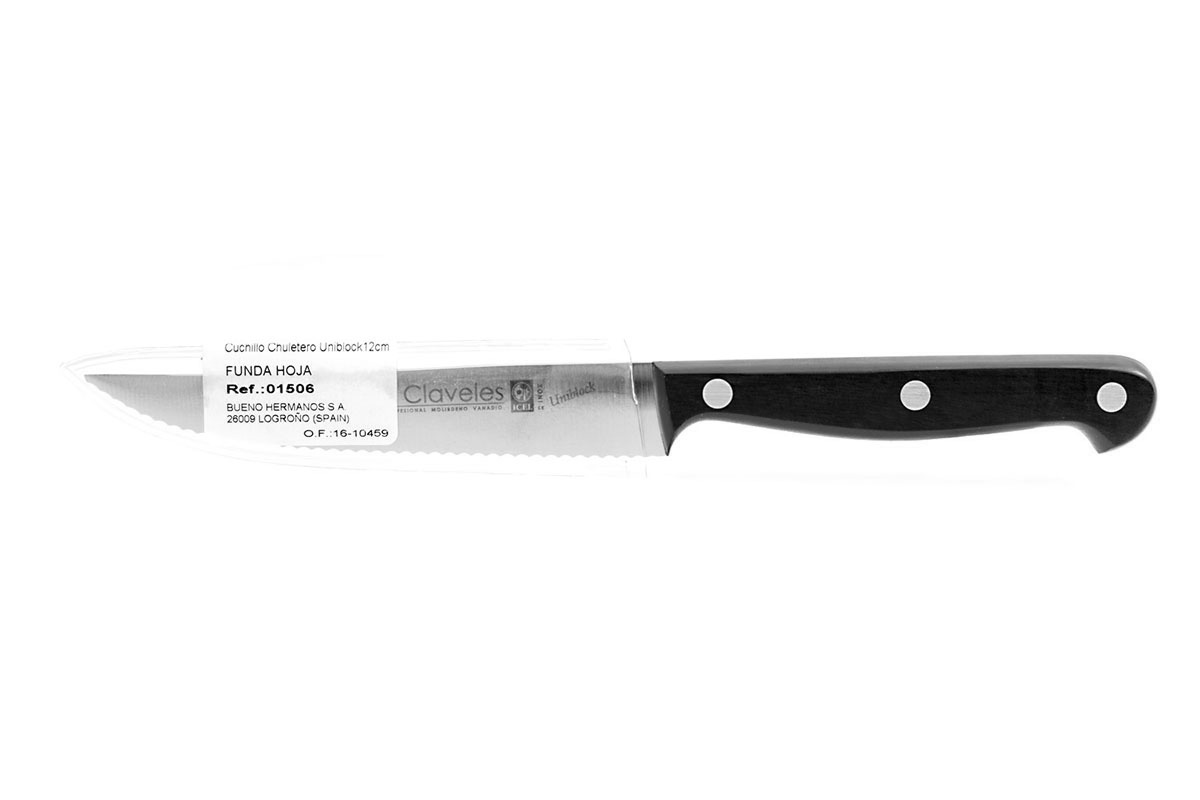 12 cm Uniblock-Steakmesser mit schwarzem POM-Griff und Wellenschliff, 3 Claveles