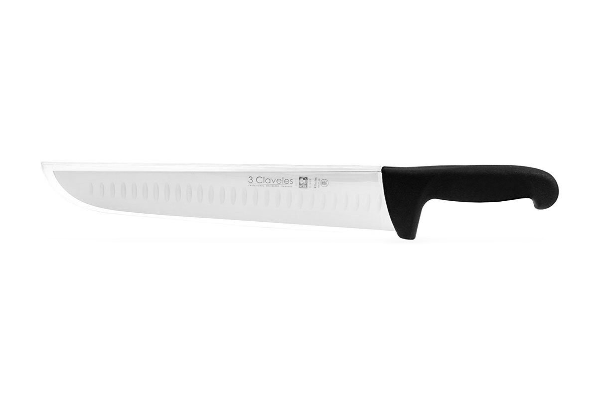 Dimpled butcher knife with a 30cm blade and black proflex handle 3 Claveles