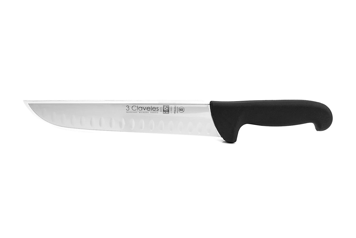 Dimpled butcher knife with 24cm blade and black proflex handle 3 Claveles