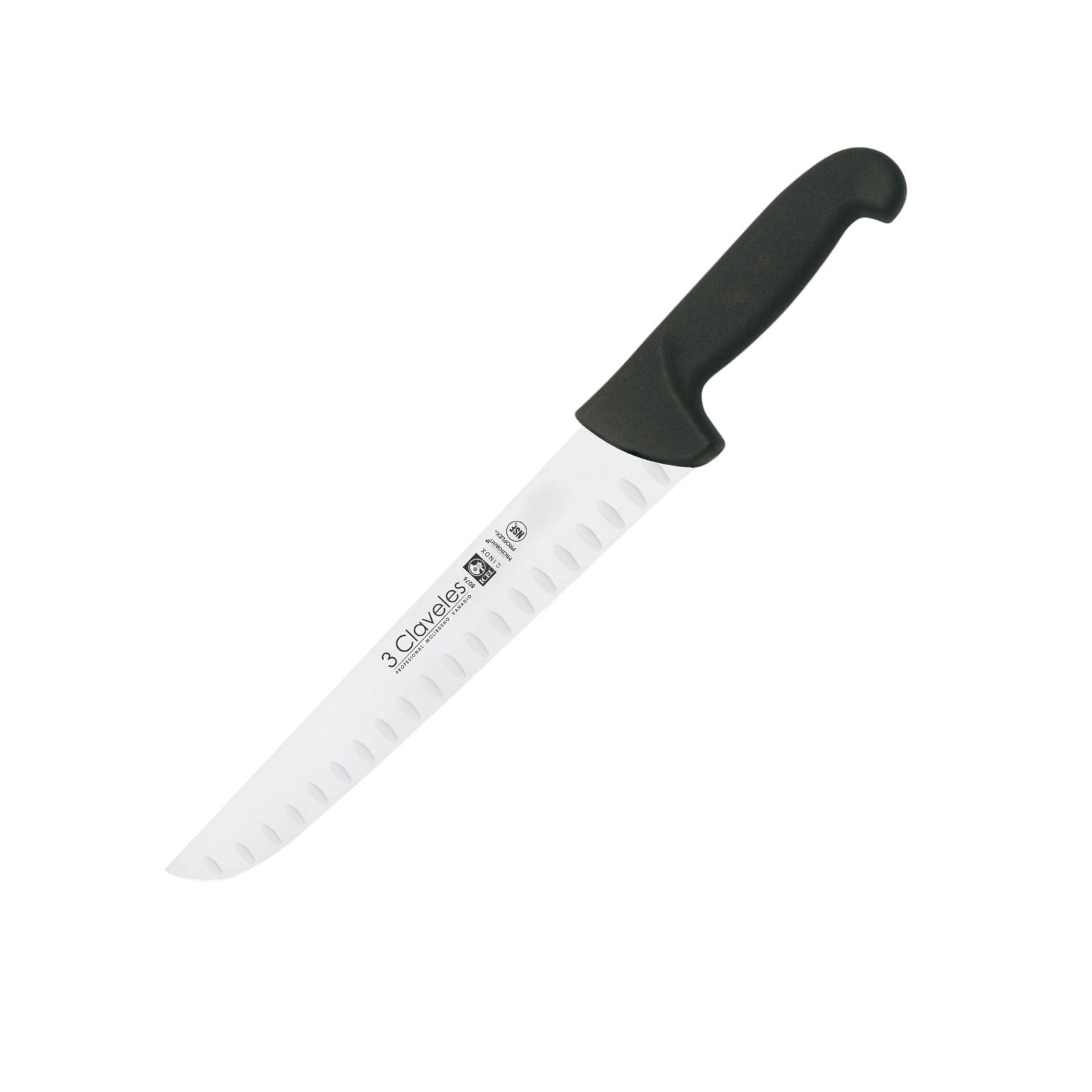 Dimpled butcher knife with a 26 cm blade and black proflex handle...