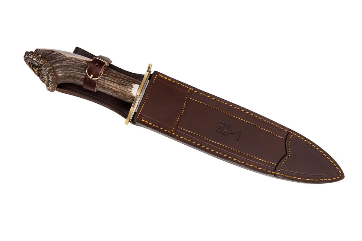 Muela Podenquero GV Jagdmesser mit Hirschhorngriff mit Hirschszene geschnitzt