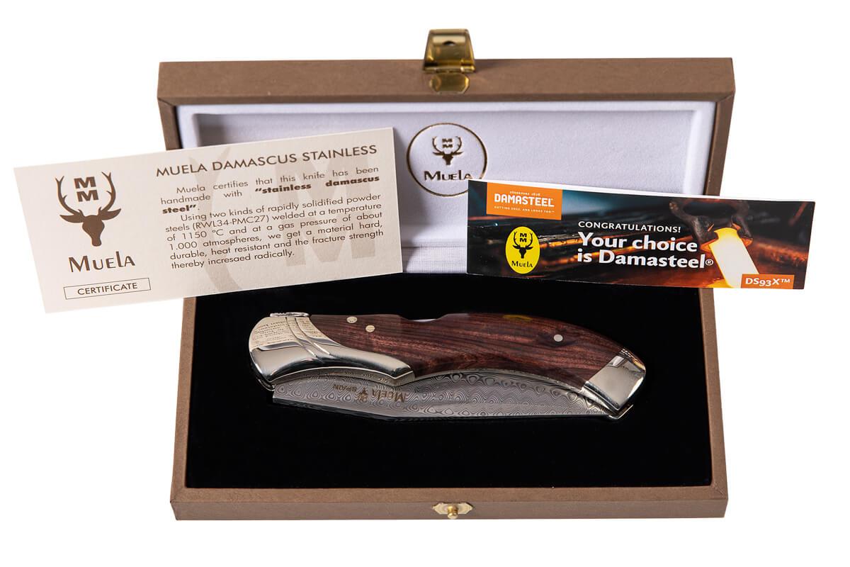 Coltello da collezione Muela GL con lama in acciaio damasco e manico in palladio viola