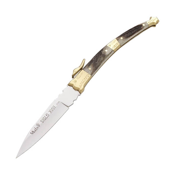 Navaja colección, cachas asta de ciervo y latón con hoja de 9 cm