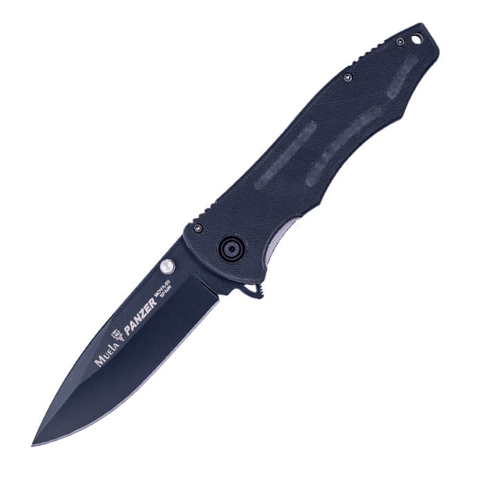 Faca tática com cabo em polímero PBT e lâmina de 10 cm.