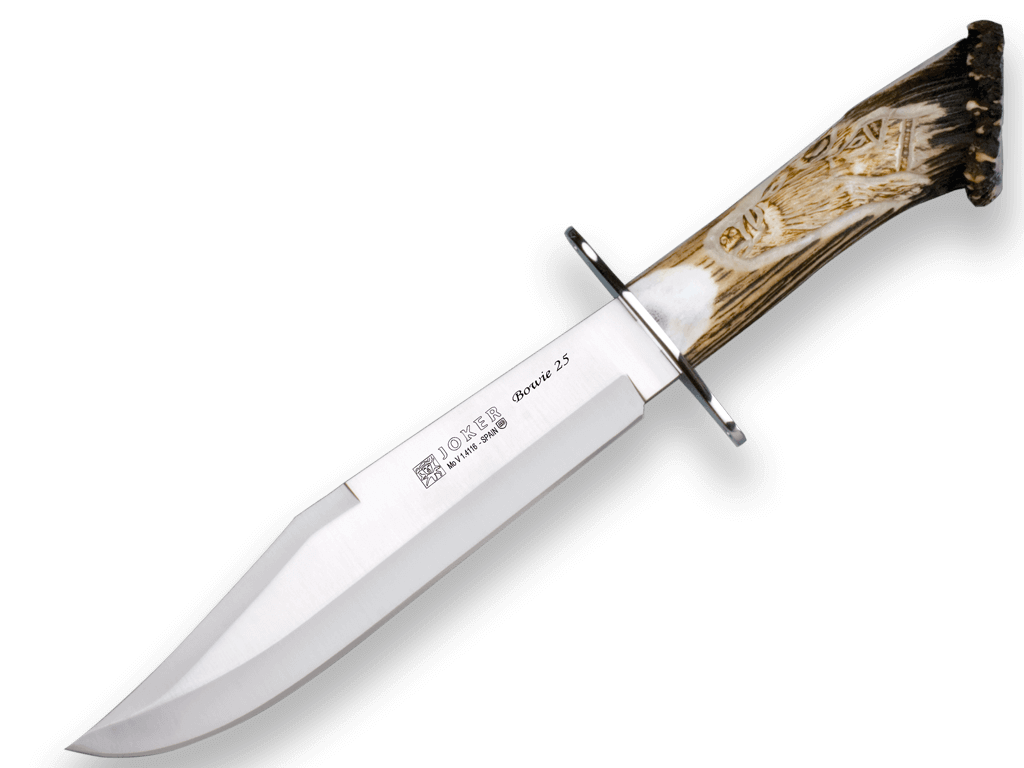 Cuchillo Bowie de caza Joker con mango de asta de ciervo tallado