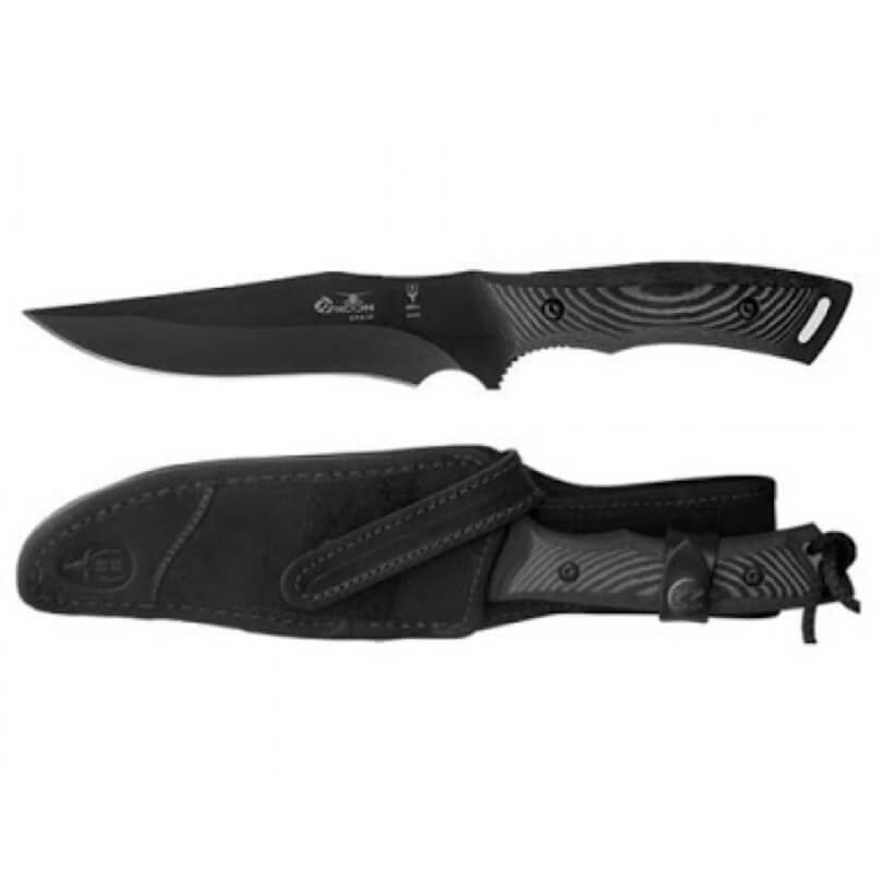 Faca tática Muela Typhoon 15N com cabo em micarta preta e lâmina preta de 15 cm