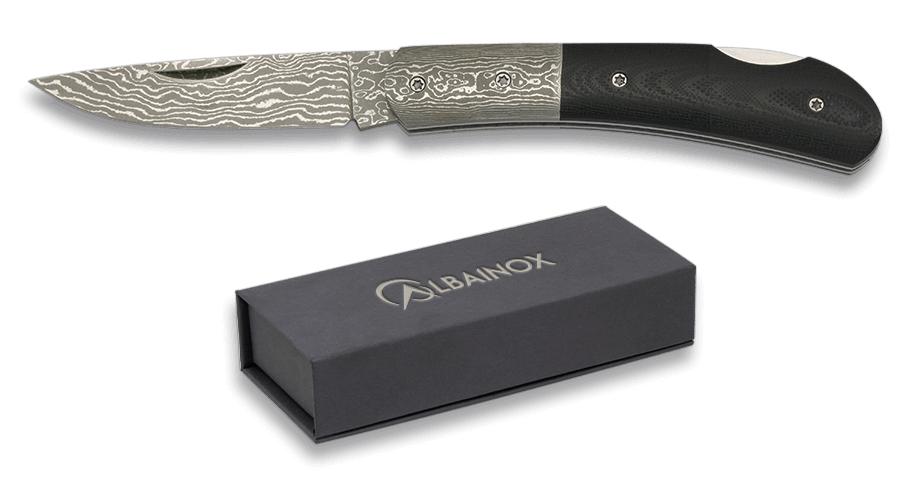 Canivete Albainox com lâmina de aço damasco de 6,4 cm, virola dam...