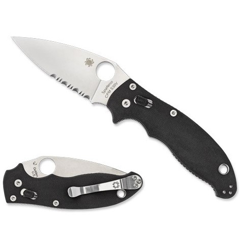 Couteau de poche Spyderco Manix 2 avec manche en G10 noir et lame partiellement dentelée de 8,6 cm