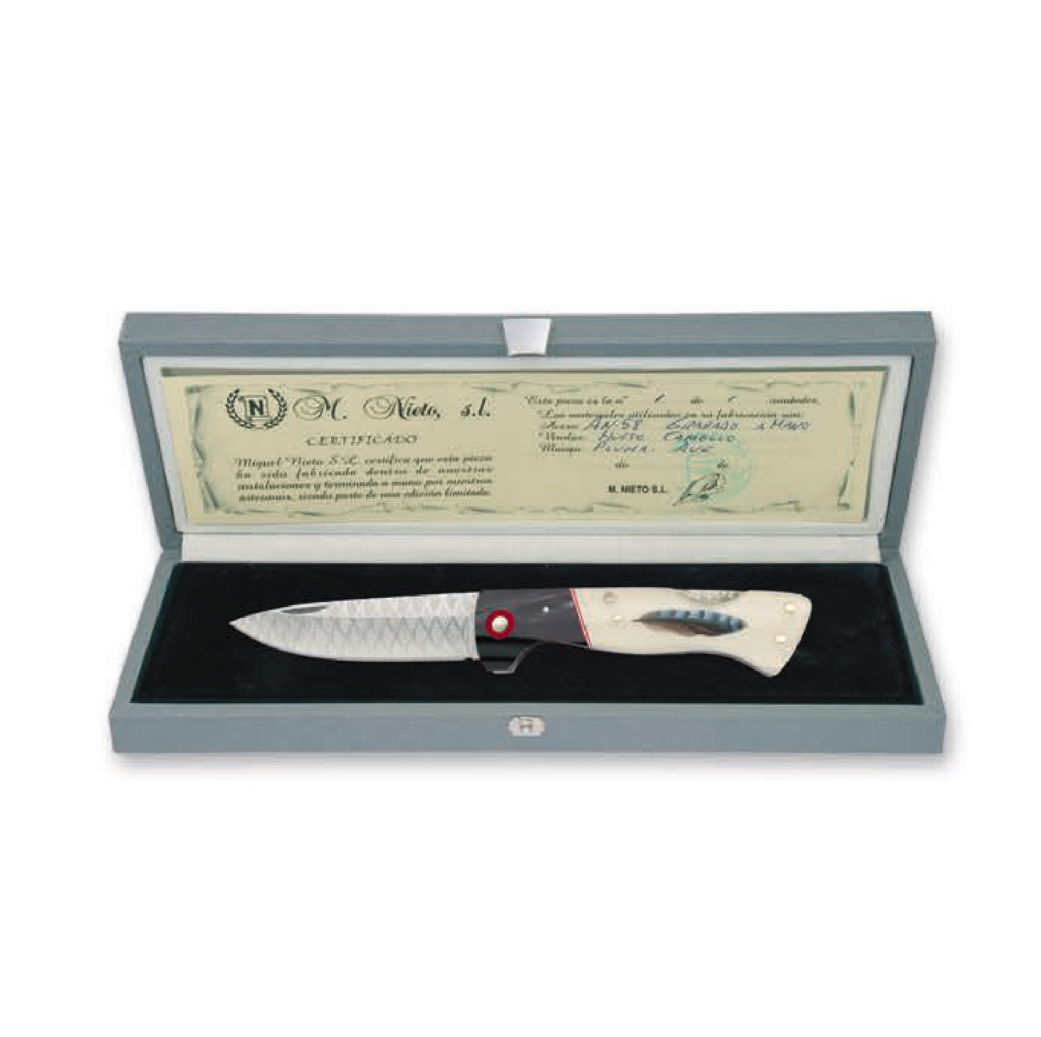 Nieto Artesanal line 16 collection folding knife with methacrylate handle with feather insert