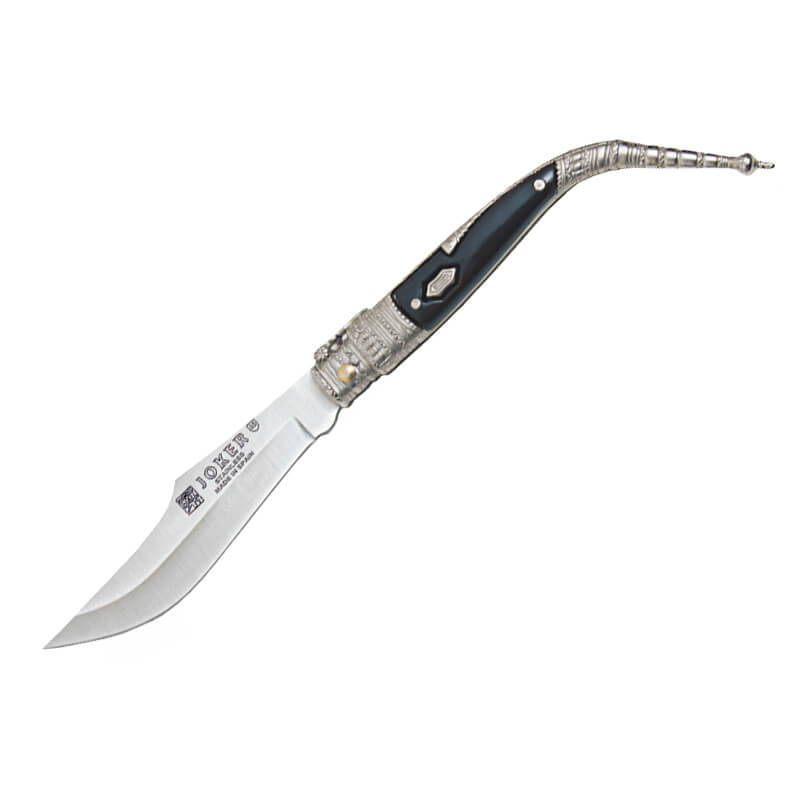 Navaja clásica bandolero con mango de zamak negro y plata decorad...