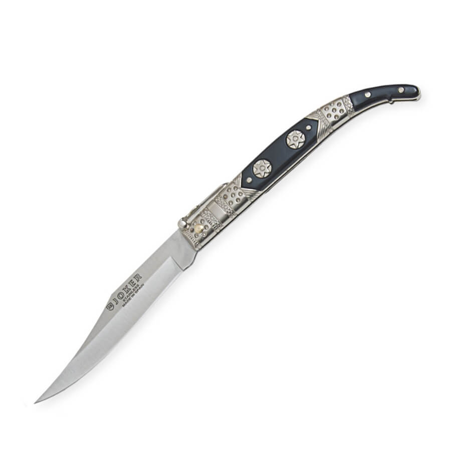 Navaja clásica Joker con puño de zamak negro y plata decorado y h...