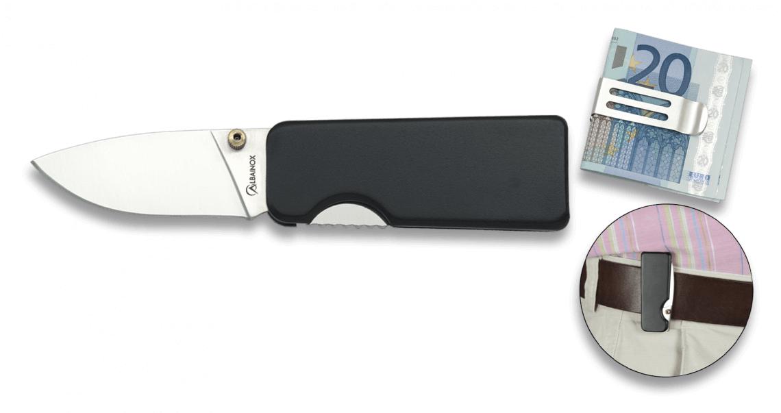 Canivete Albainox com cabo de alumínio preto, clipe, trava linear...