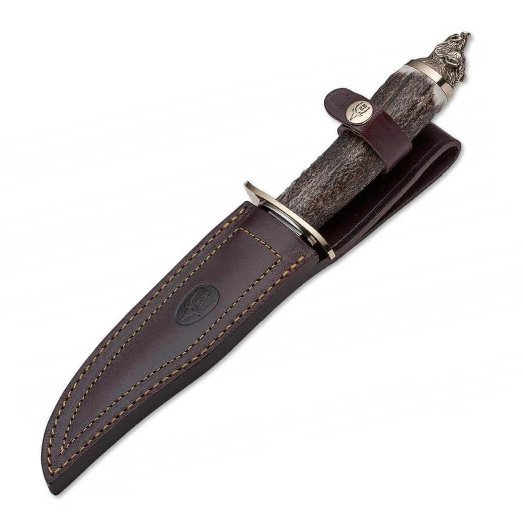 Jagdmesser Muela Wolf-16A mit Hirschgeweihgriff und dekorativem Wolfskopf