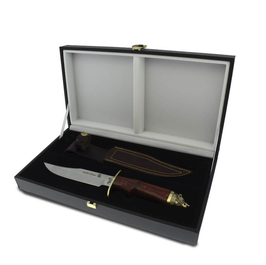 Jagdmesser Muela Wilboard-16R mit korallengepresstem Holzgriff und dekorativem Eberkopf