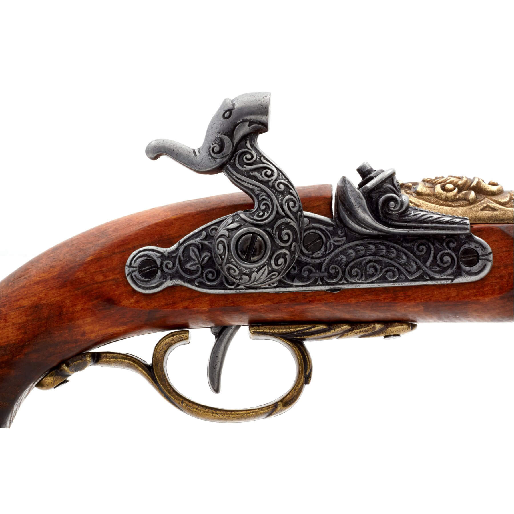 Piraten-Perkussionspistole aus Holz und Metall, Messingfinish, Italien, 18. Jahrhundert