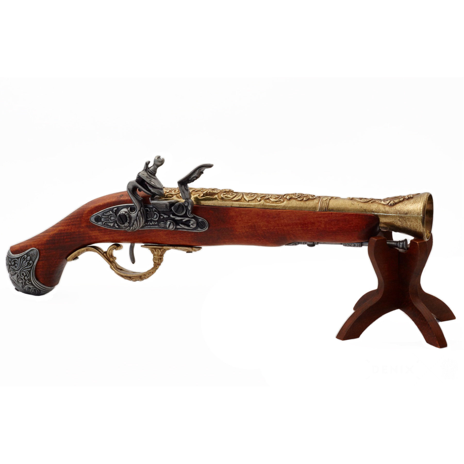 Pistola de chispa de madera y metal con acabado latón, Inglaterra siglo XVIII