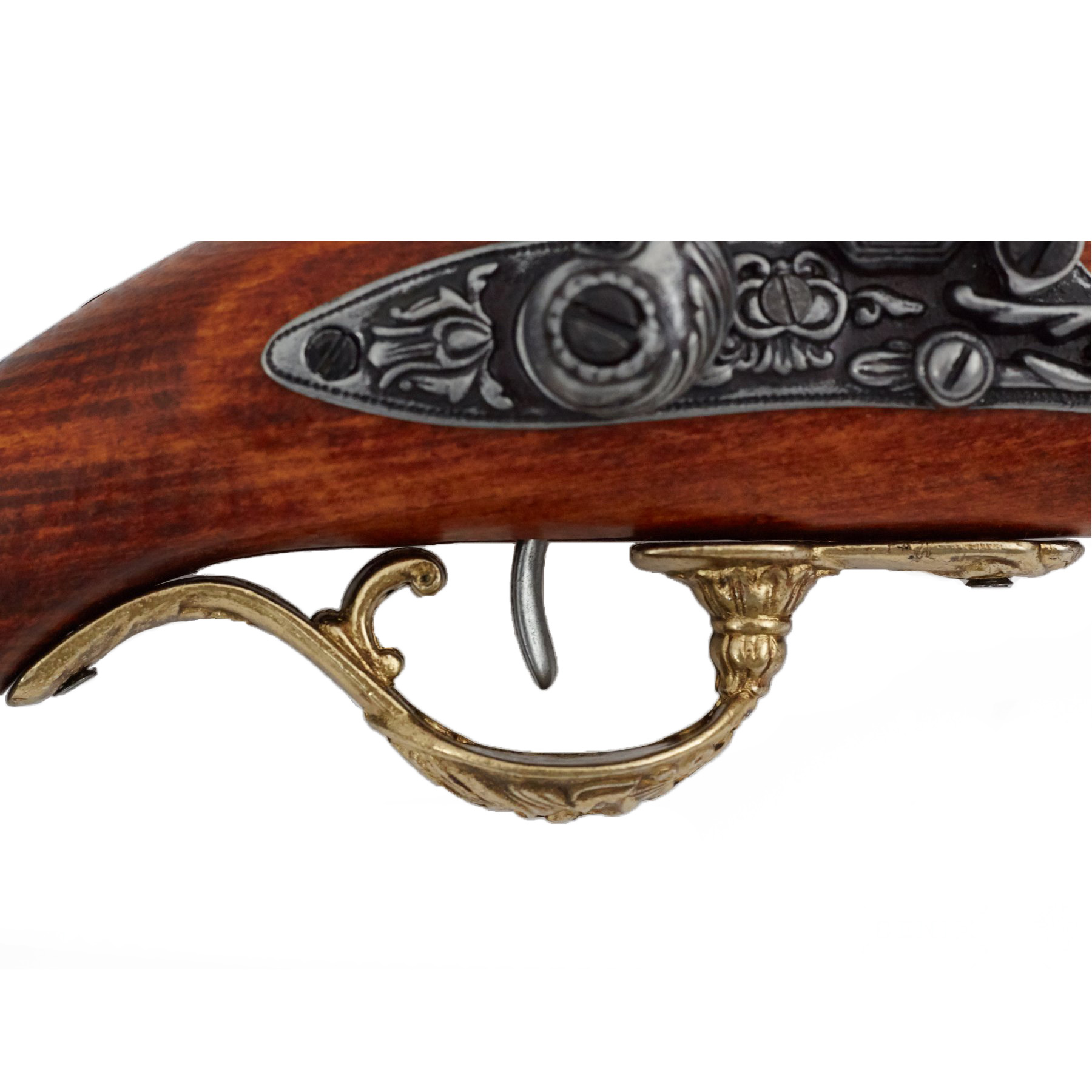 Pistola de chispa de madera y metal con acabado latón, Inglaterra siglo XVIII