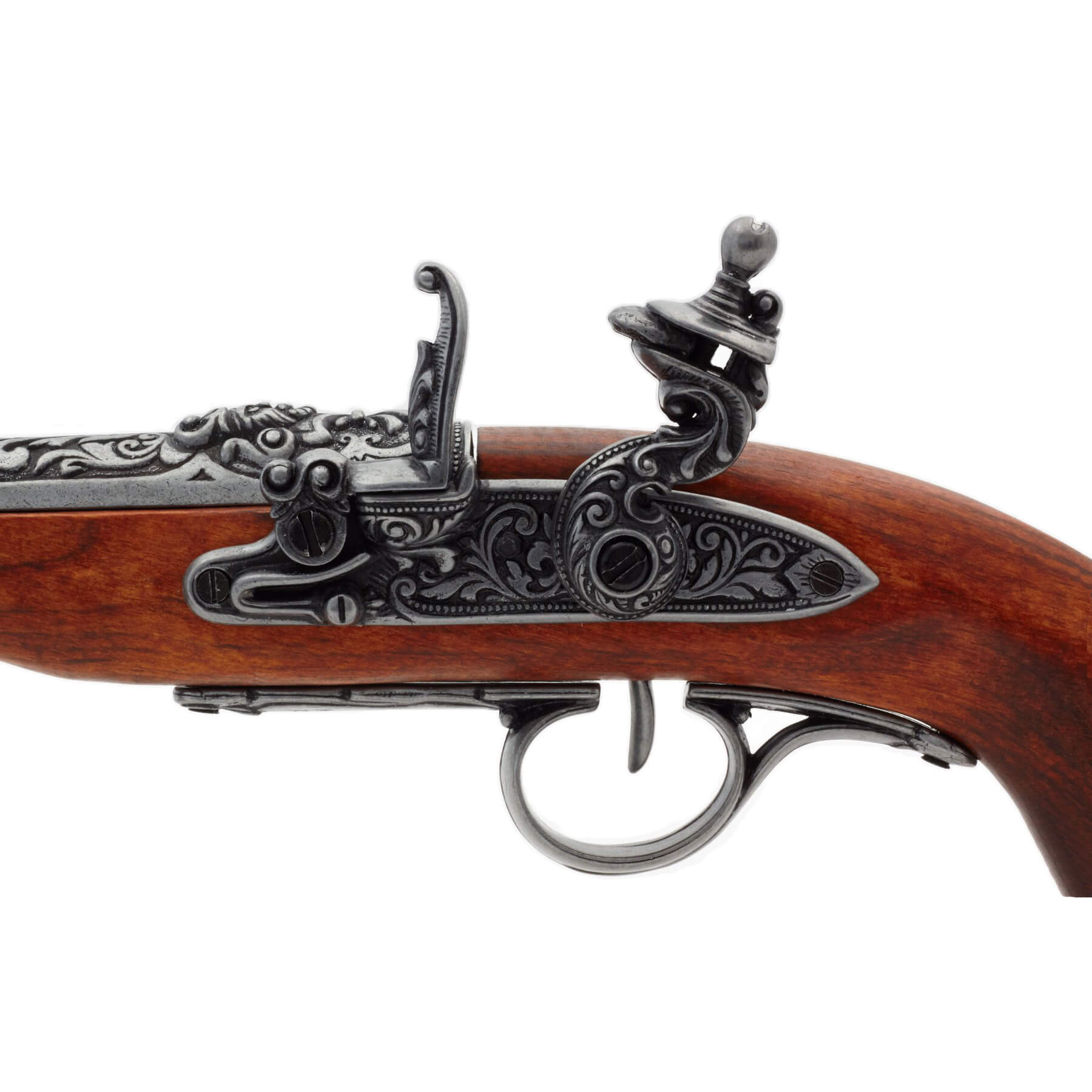 Linkshändige Piraten-Steinschlosspistole aus Holz und Metall aus dem 18. Jahrhundert
