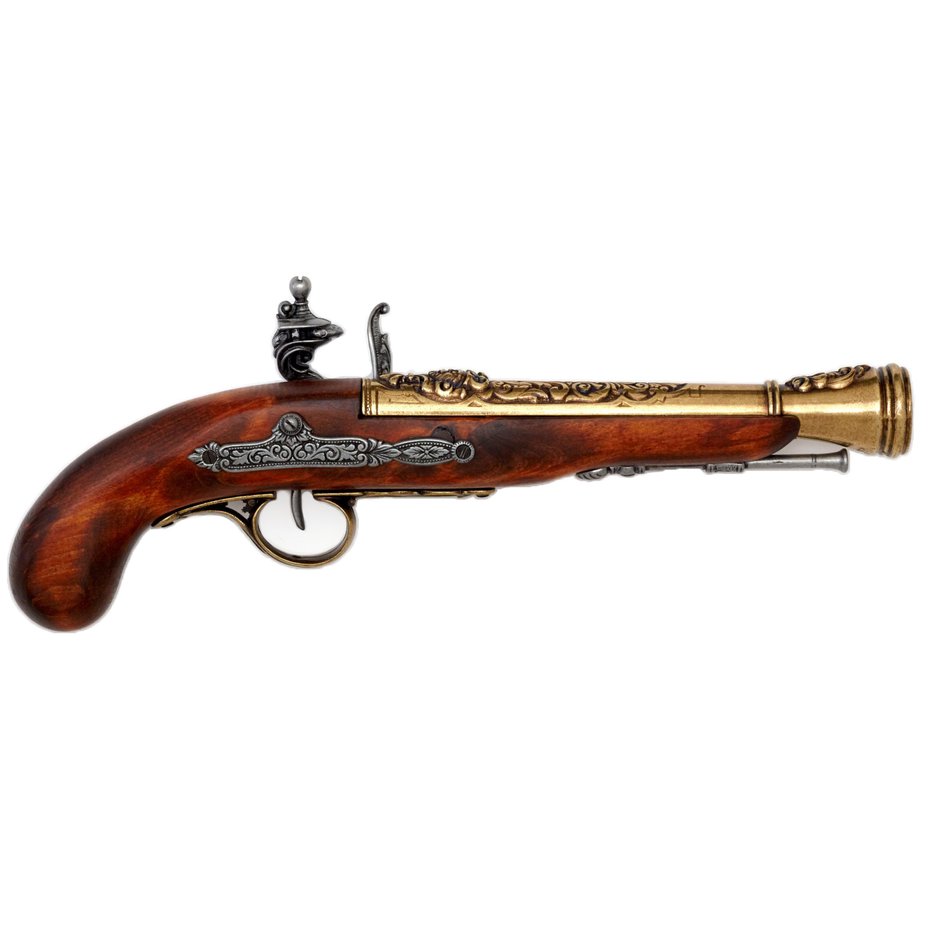 Linkshändige Piraten-Steinschlosspistole aus Holz und vermessingtem Metall, 18. Jahrhundert