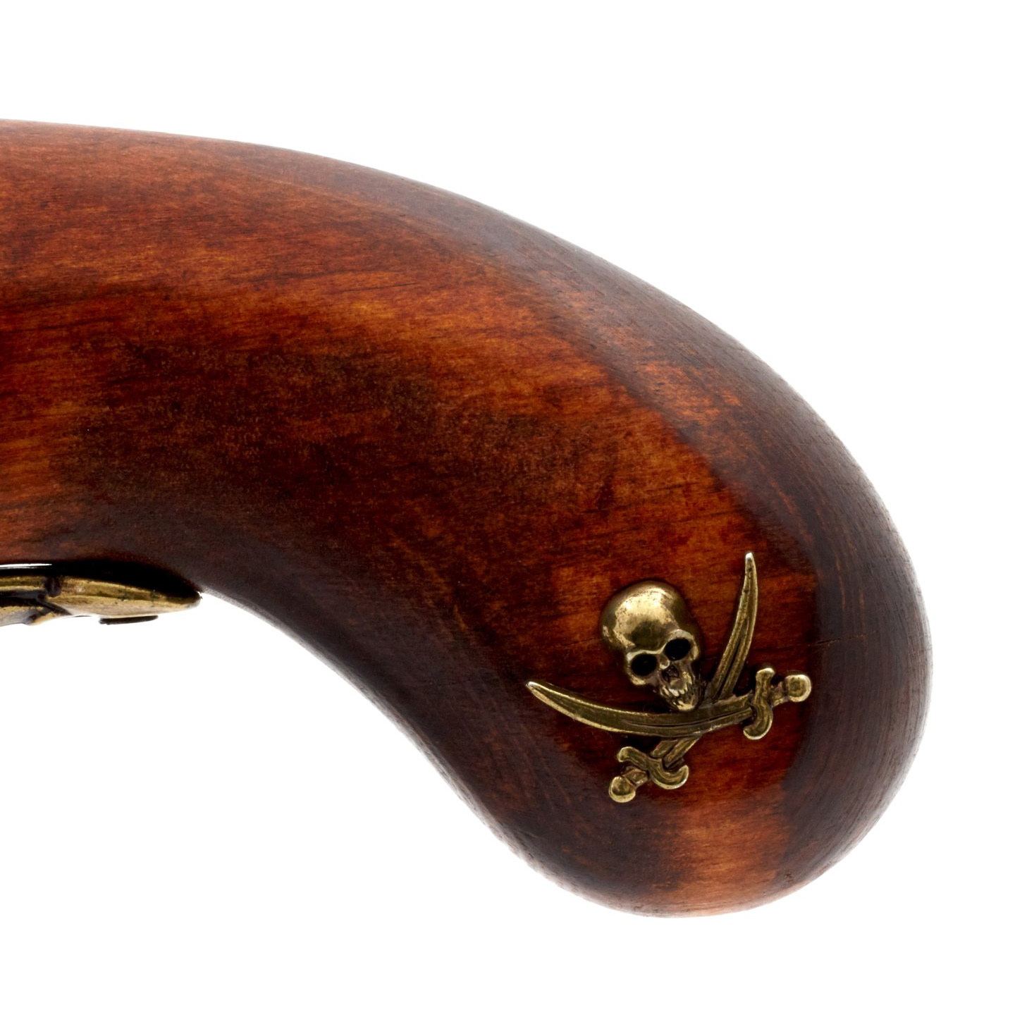 Linkshändige Piraten-Steinschlosspistole aus Holz und vermessingtem Metall, 18. Jahrhundert