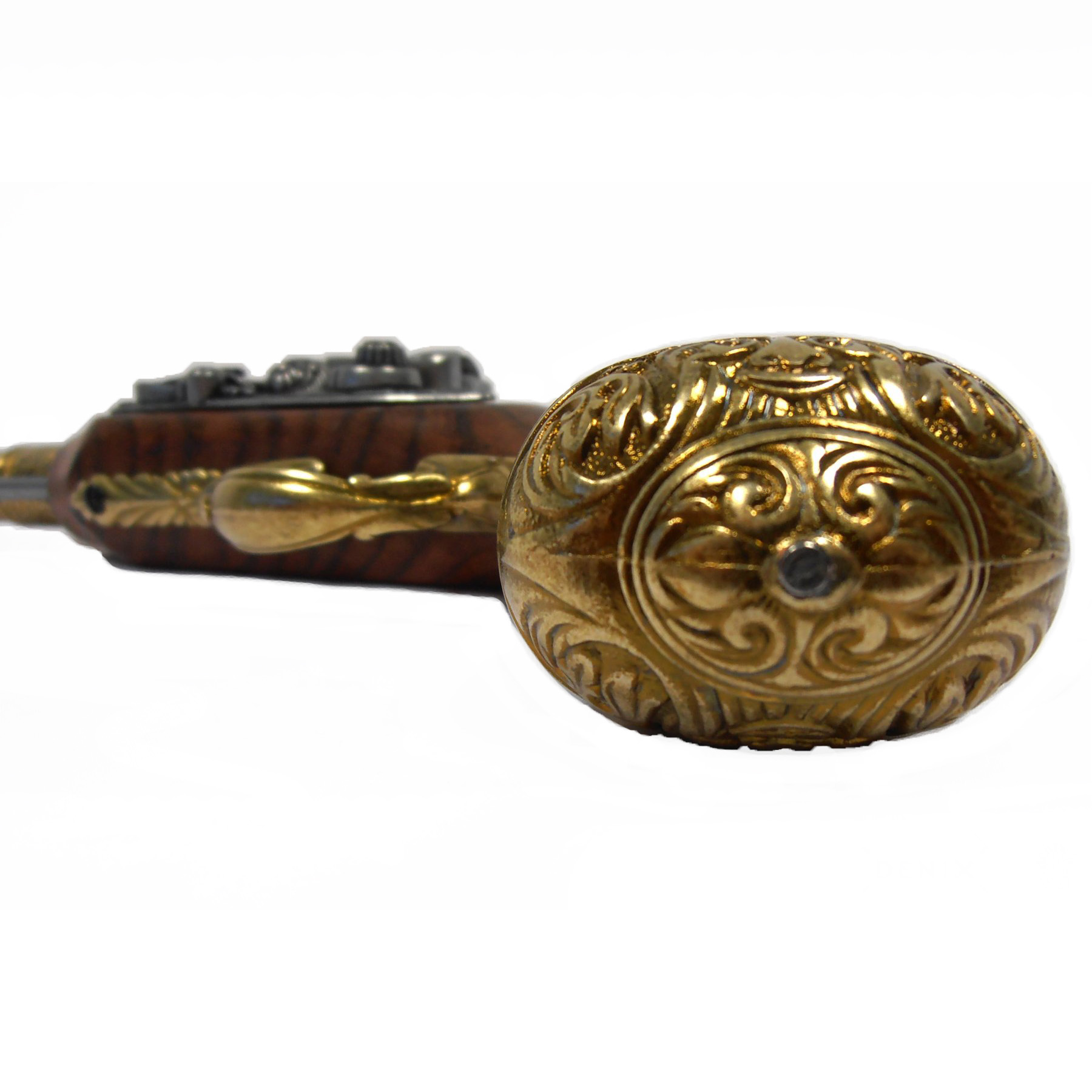 Linkshändige Steinschlosspistole aus Holz und vermessingtem Metall, Indien, 18. Jahrhundert