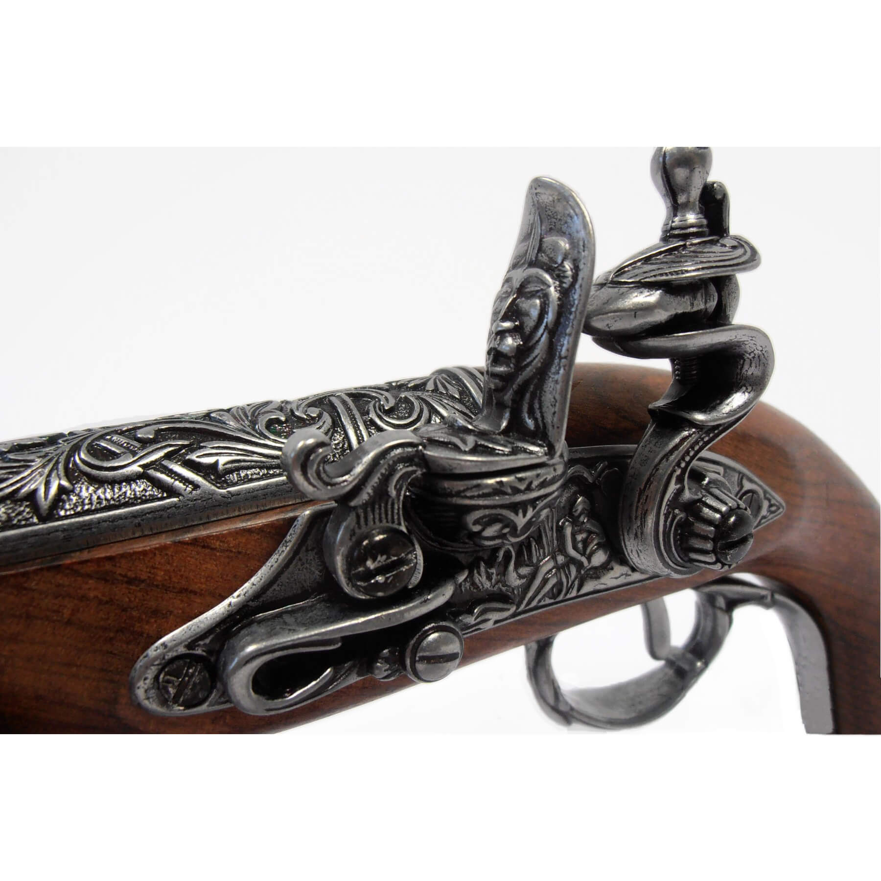 Linkshändige Steinschlosspistole aus Holz und Metall, Indien, 18. Jahrhundert