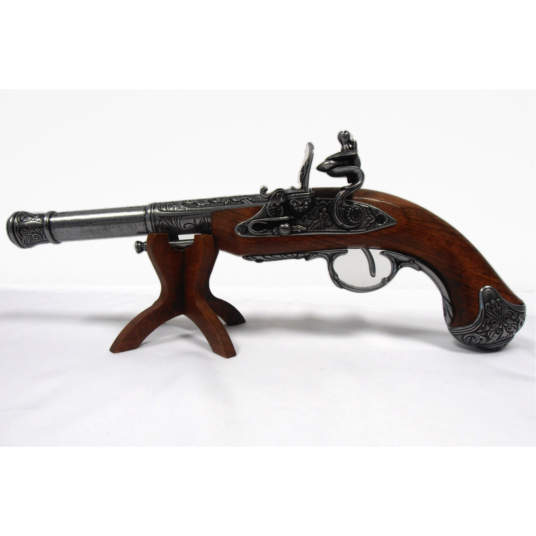 Linkshändige Steinschlosspistole aus Holz und Metall, Indien, 18. Jahrhundert