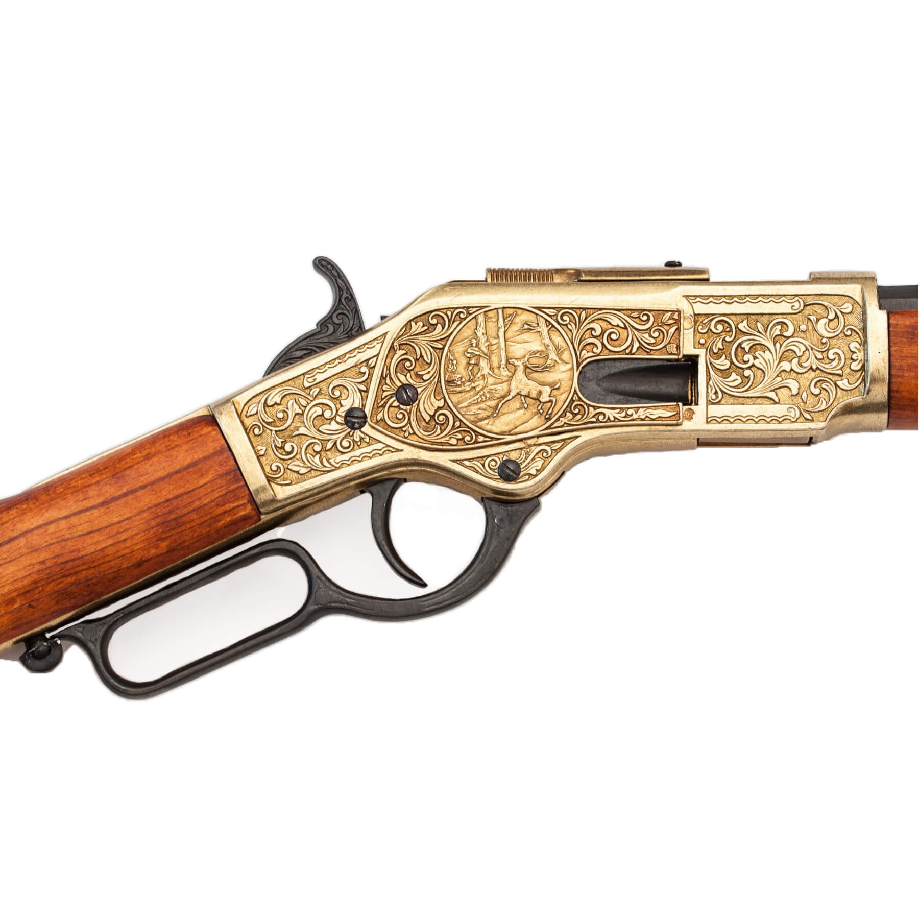 Carabina modelo 73, EUA 1873, fabricada em latão e metal com acabamento em madeira