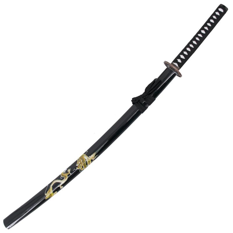 Katana decorativa con fodero nero con drago e impugnatura nera