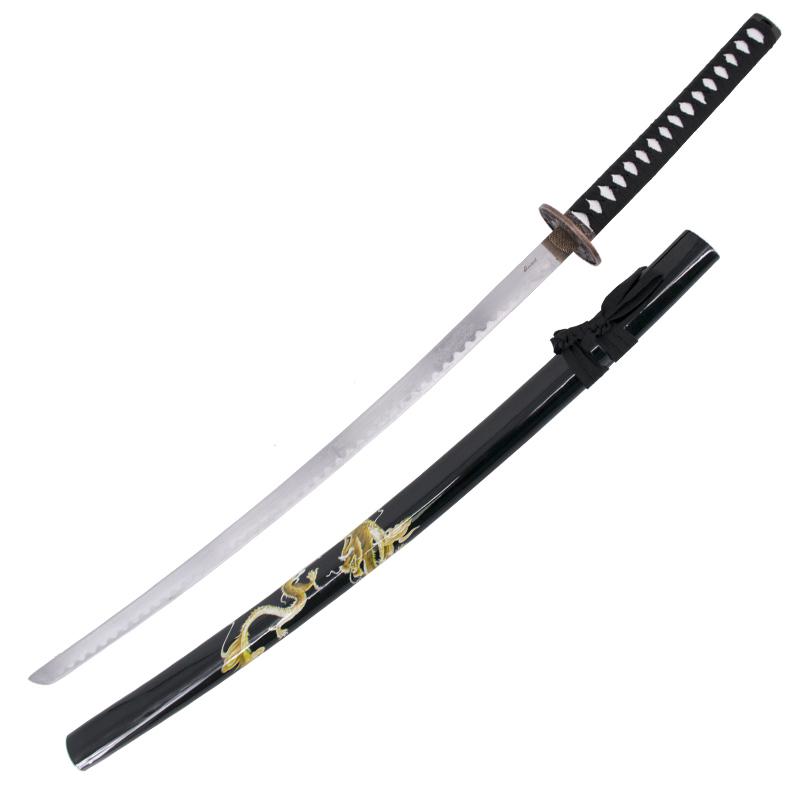 Katana decorativa con fodero nero con drago e impugnatura nera