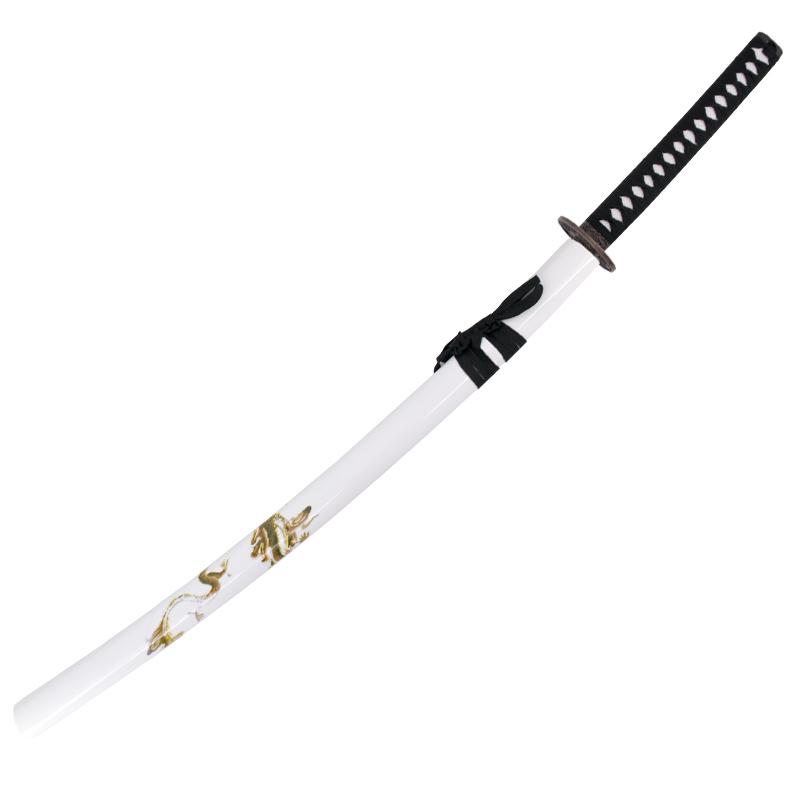 Katana décoratif avec fourreau blanc avec dragon et poignée noire