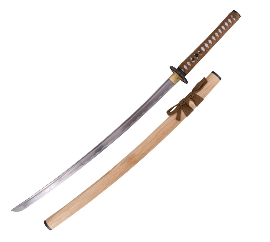 Katana fonctionnel avec fourreau de couleur bois et cordage brun.