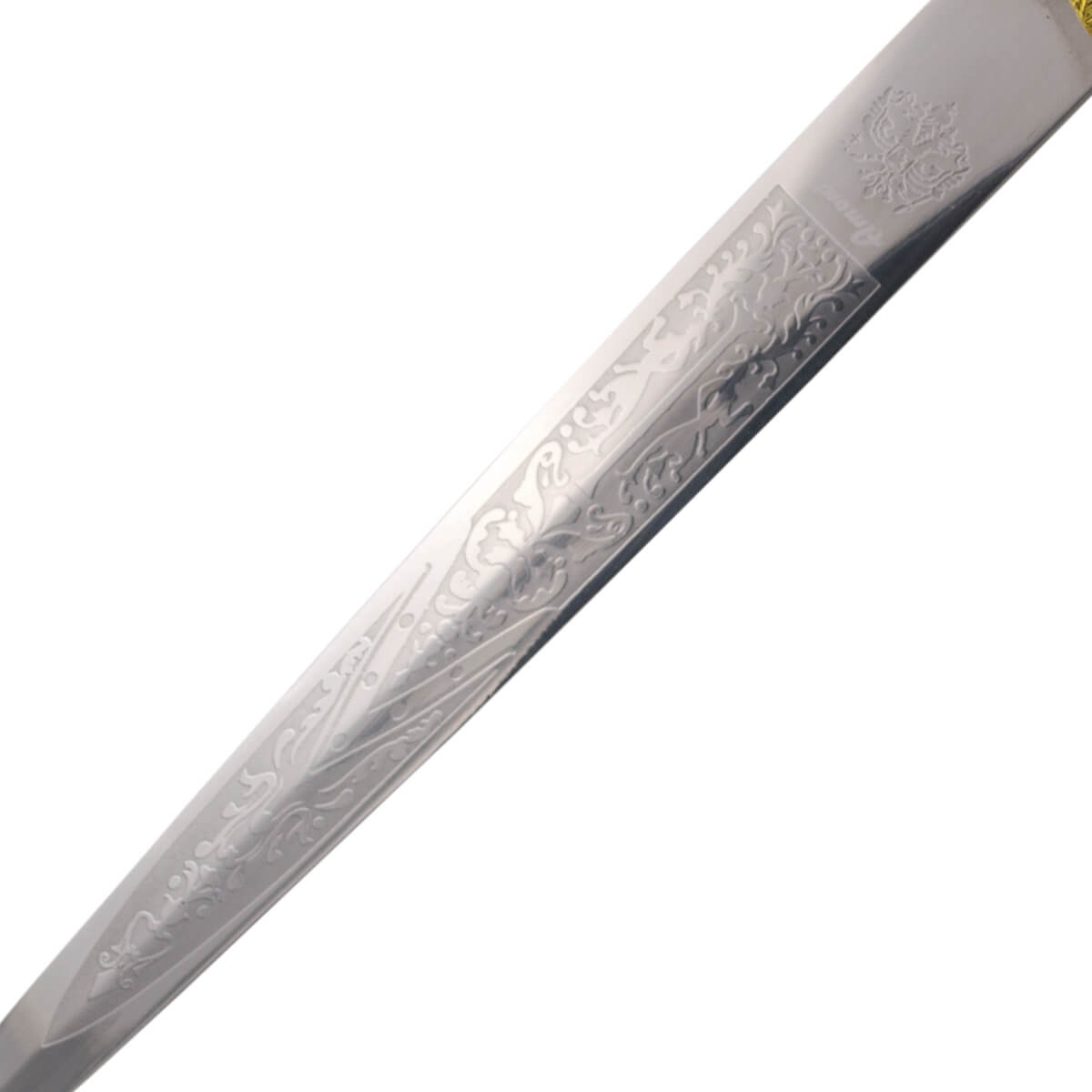 Pugnale romano con pomo e guardia in color bronzo e lama con incisioni di 24 cm