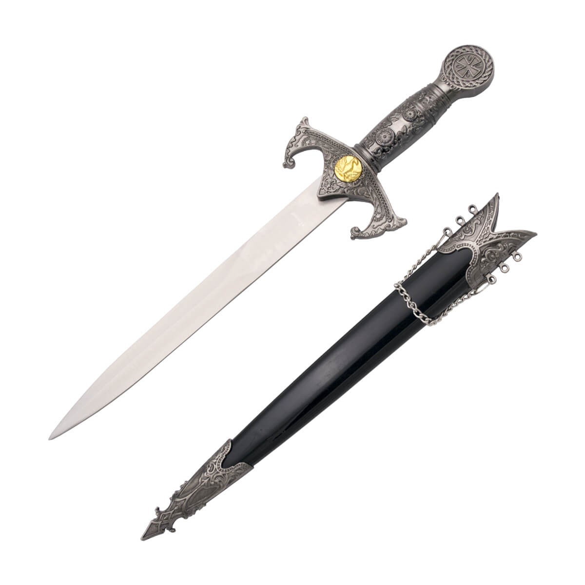 Templar dagger with nickel and gold pommel and black scabbard