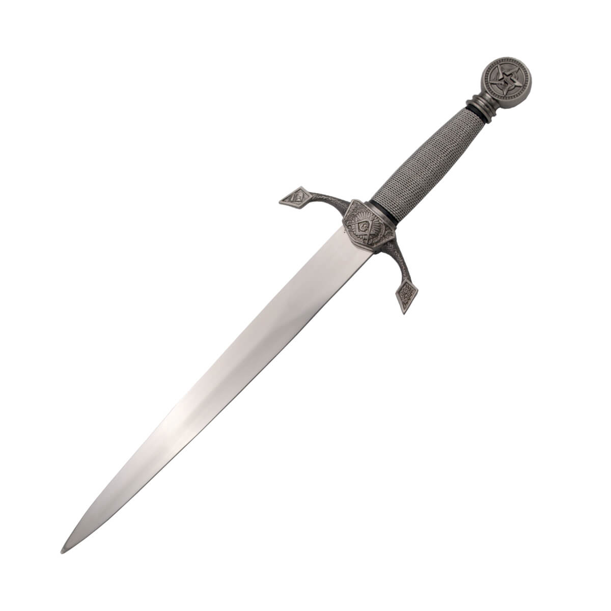 Masonic dagger with pomo guard and nickel colored hilt and black sheath