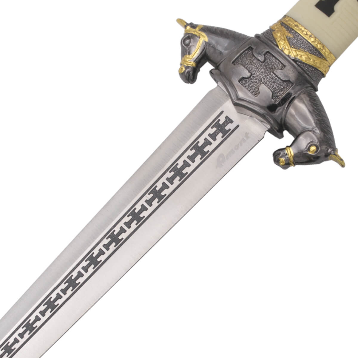 Pugnale medievale da cavaliere con pomo e guardia in colore nickel e lamina con incisioni da 22 cm