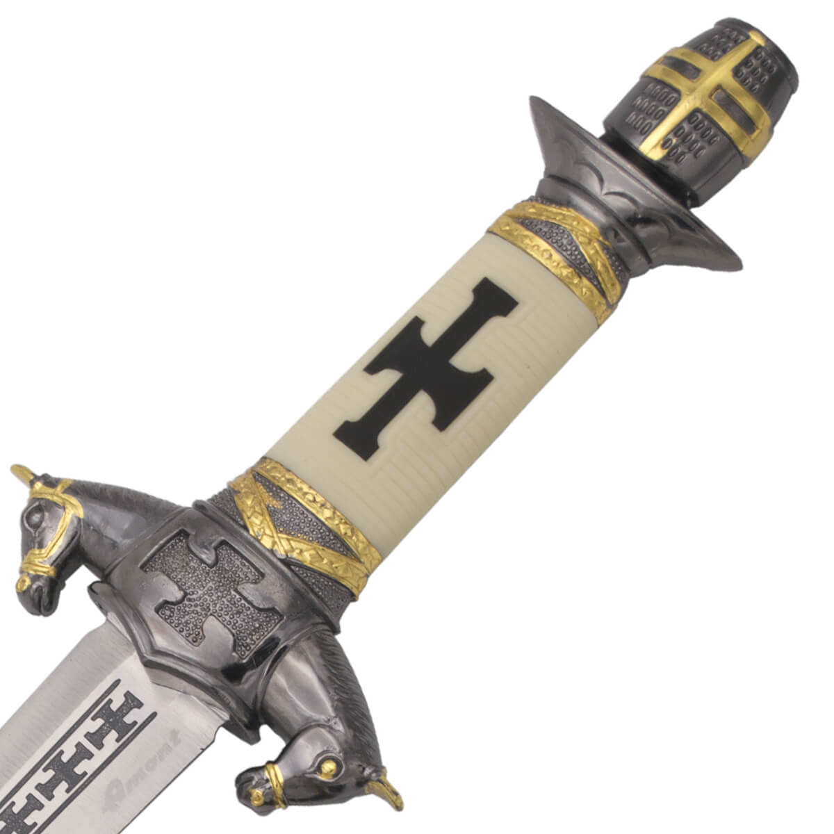 Pugnale medievale da cavaliere con pomo e guardia in colore nickel e lamina con incisioni da 22 cm